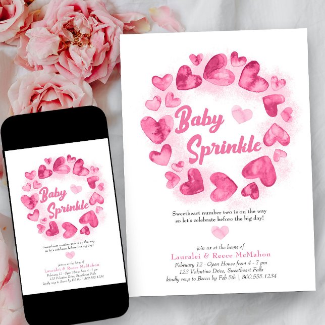 Invitation Bébé Sprinkle Rose Saint-Valentin Petit Chéri (Baby Sprinkle Pink Love Heart Baby Shower Invitation)