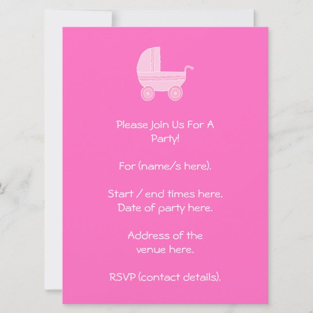 Invitation Bébé Stroller. Rose clair et rose vif. (Devant)