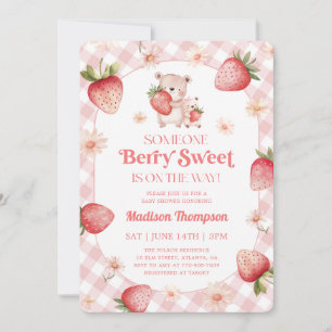 Invitation Bébé Sucré Fête de Naissance Gingham Bébé Fraise