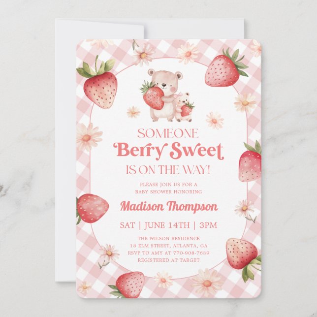 Invitation Bébé Sucré Fête de Naissance Gingham Bébé Fraise (Devant)