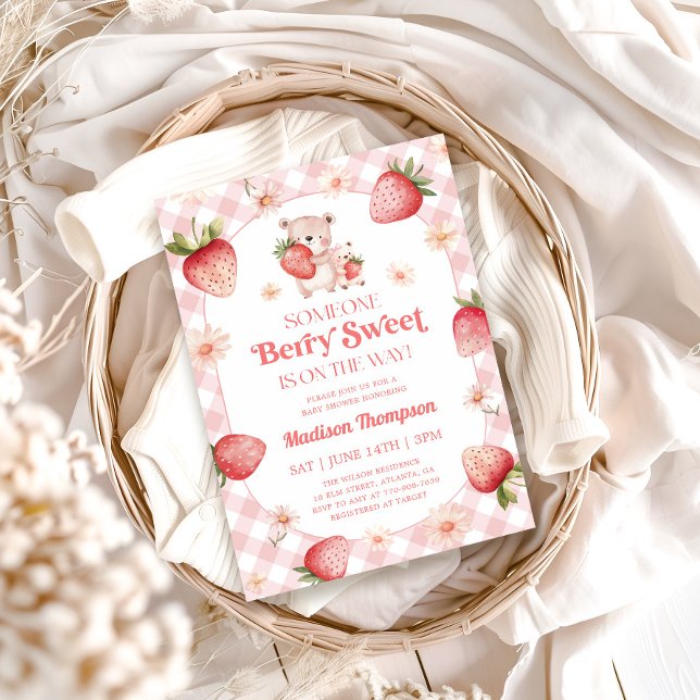 Invitation Bébé Sucré Fête de Naissance Gingham Bébé Fraise (Créateur téléchargé)