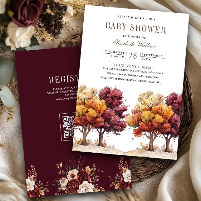 Invitation Bébé sur le thème de l'automne Bourgogne Code QR B (Créateur téléchargé)