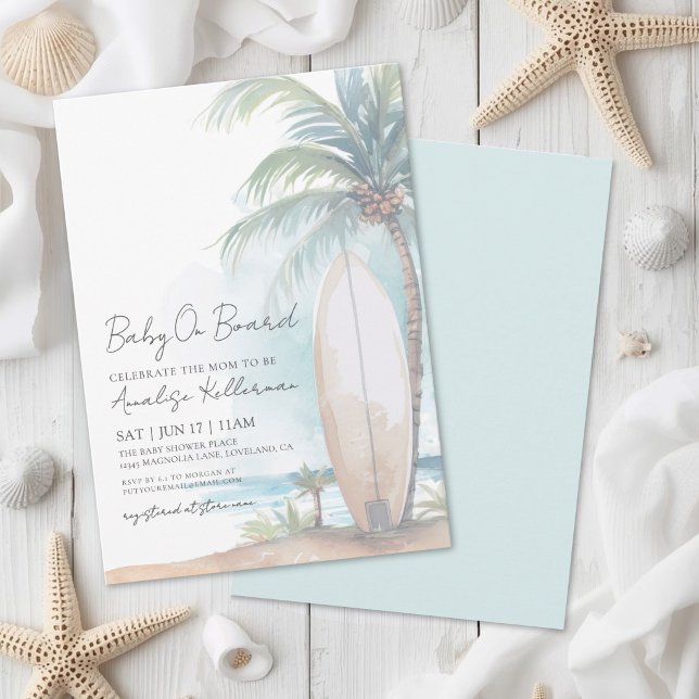 Invitation Bébé Surfe sur la Plage à Bord Cadeau de Naissance (Beach Surf Baby On Board Summer Baby Shower Invitation)