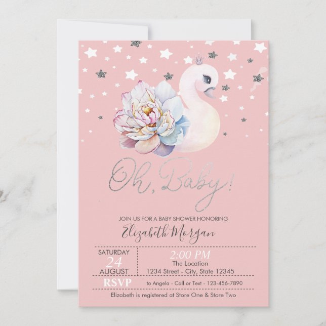 Invitation Bébé Swan Fleur Couronne Étoiles Baby shower (Devant)
