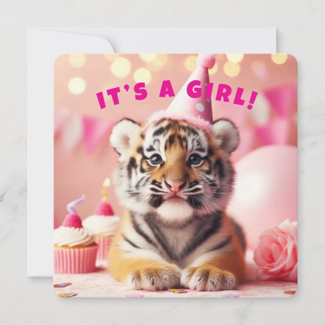 Invitation Bébé Tiger mignon bébé Révéler fille rose (Devant)
