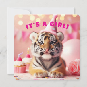 Invitation Bébé Tiger mignon bébé Révéler fille rose