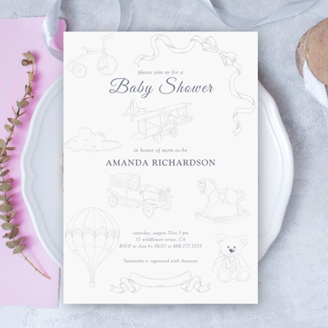 Invitation Bébé Toile de Jouy Fête de Naissance (Créateur téléchargé)