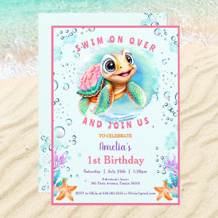 Invitation Bébé Tortue de mer fille sur mesure âge premier an