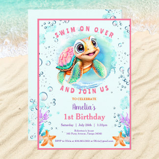 Invitation Bébé Tortue de mer fille sur mesure âge premier an