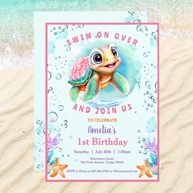 Invitation Bébé Tortue de mer fille sur mesure âge premier an (Cute Sea Turtle Invitation For a Girl. If you need for a Boy, just visit the store :) Kate Eden Art)