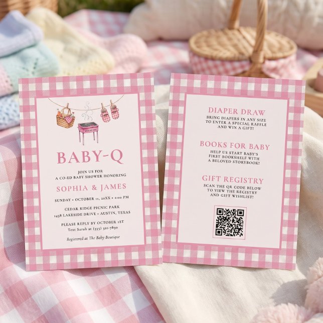 Invitation Bébé tout compris Q Rose Gingham Grill (All In One Baby Q Pink Gingham Grill Invitation)