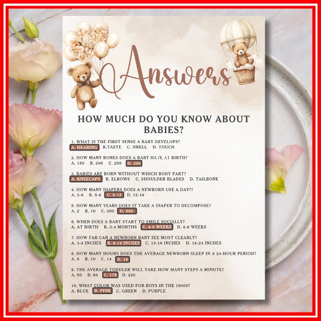 Invitation BÉBÉ TRIVIA & RÉPONSES Baby shower Jeu mignon Ours (Créateur téléchargé)