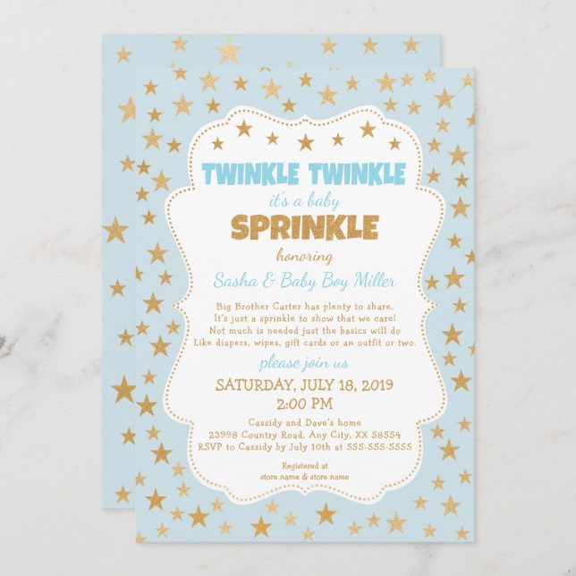 Invitation Bébé Twinkle Saupoudrer d'étoiles d'or bleu invita (Devant / Derrière)