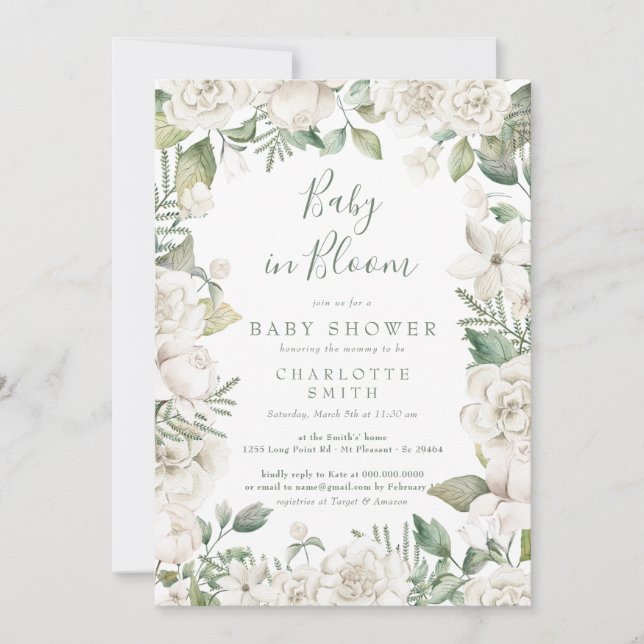 Invitation Bébé verdoyant En Fleur Baby shower Floral Blanc (Devant)