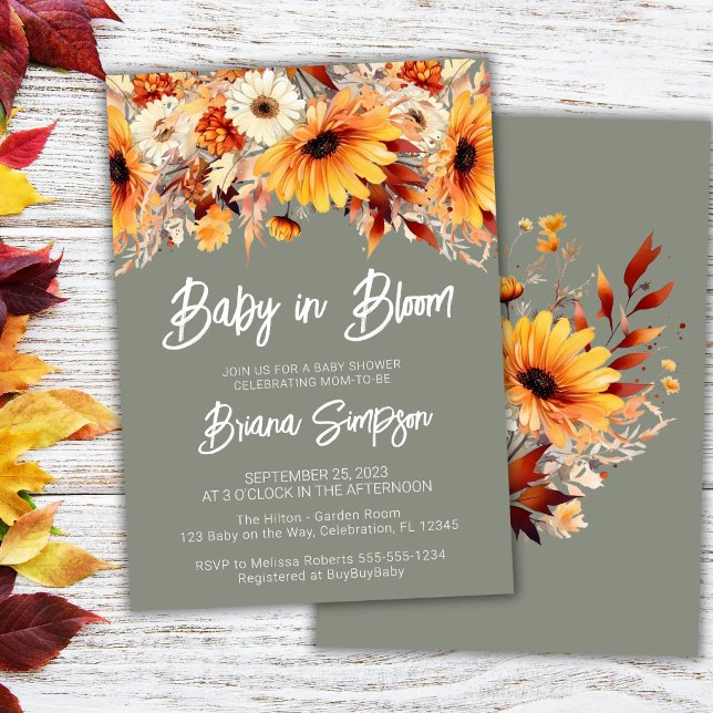 Invitation Bébé vert en fleurs Automne Baby shower floral (Créateur téléchargé)