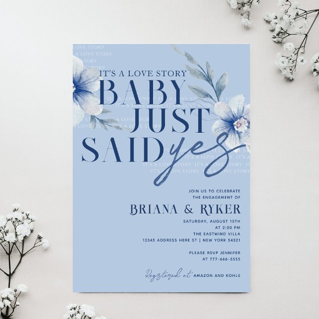 Invitation Bébé vient de dire oui Bleue Florale Engagement (Baby Just Say Yes Dusty Slate Blue Watercolor Flower Engagement or Bridal Shower Invitation)