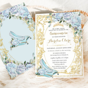 Invitation Bébé vintage Bleu Roses Cendrillon Quinceañera