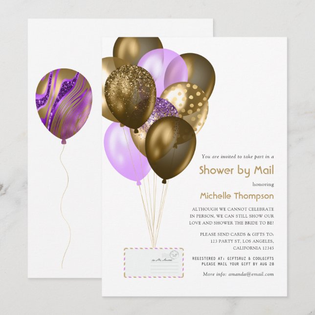 Invitation Bébé Violet et Or ou Baby Shower par la Poste (Devant / Derrière)