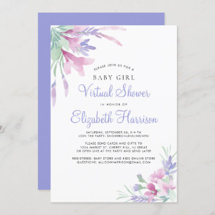 Invitation Bébé virtuel Douche Floral Purple Aquarelle