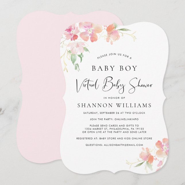 Invitation Bébé virtuel Douche garçon rose Floral Aquarelle (Devant / Derrière)