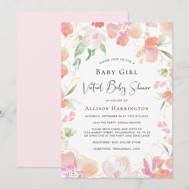 Invitation Bébé virtuel Douche rose Floral Aquarelle (Devant / Derrière)