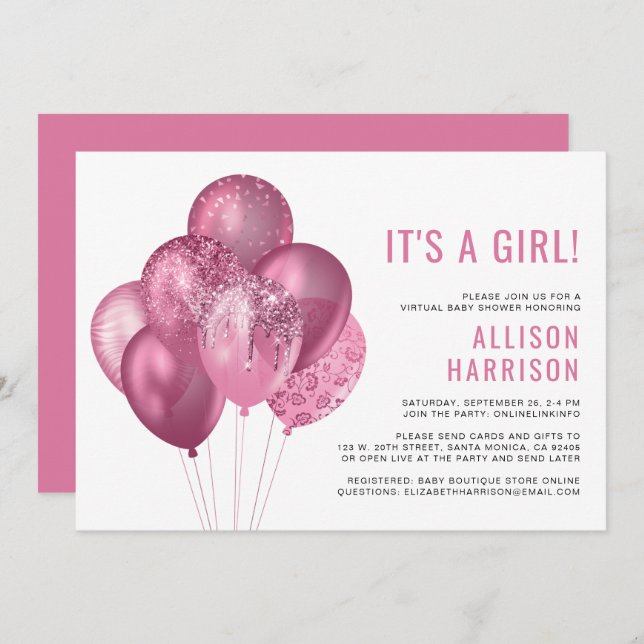 Invitation Bébé virtuel fille douche Parties scintillant rose (Devant / Derrière)
