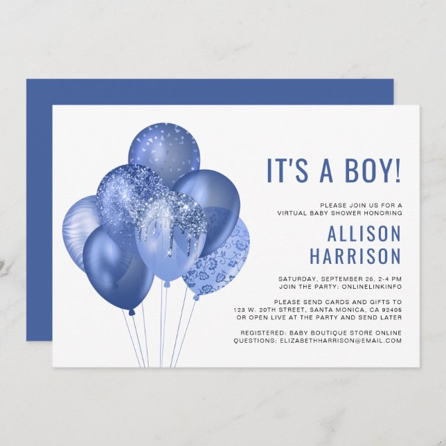 Invitation Bébé virtuel garçon douche Bleu Parties scintillan (Devant / Derrière)