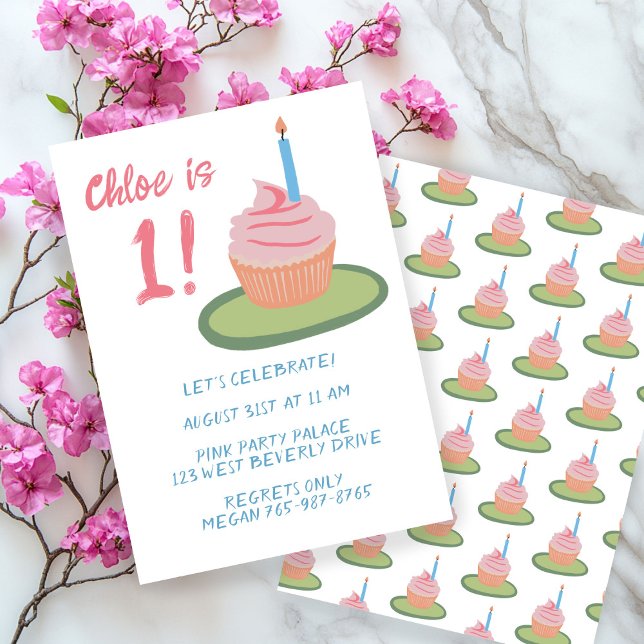 Invitation BÉBÉ Whimsical 1er Anniversaire Fête Cupcake sur m (Whimsical BABY 1st Birthday Party Cupcake Custom Invitation
)
