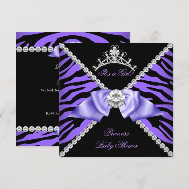 Invitation Bébé Zèbre Violet Fille Couronne Princesse Diamant (Devant / Derrière)