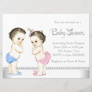 Invitation Bébés adorables Baby shower rose et bleu jumeau
