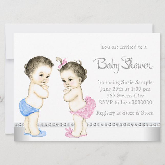 Invitation Bébés adorables Baby shower rose et bleu Twin (Devant)