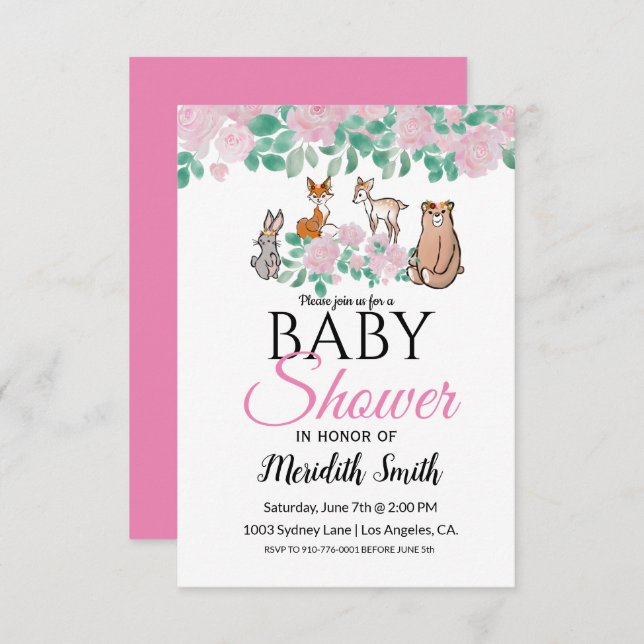 Invitation Bébés animaux en bois floral mou | BABY SHOWER (Devant / Derrière)