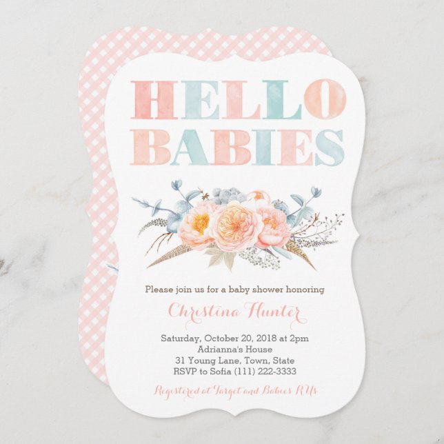 Invitation BÉBÉS BAIN Pêcher Twins Baby shower ou Sip Voir (Devant / Derrière)