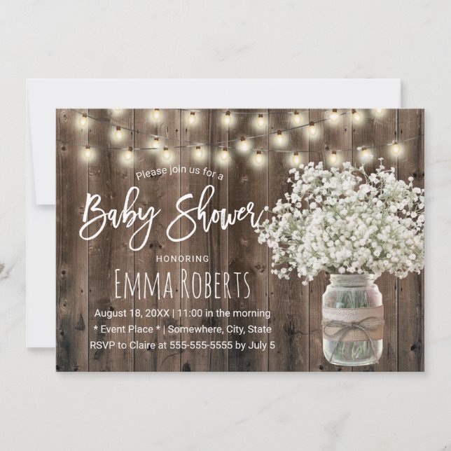 Invitation Bébé's Breath Mason Jar Baby shower en bois rustiq (Devant)