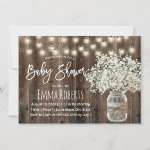 Invitation Bébé's Breath Mason Jar Baby shower en bois rustiq