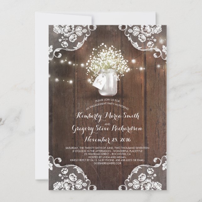 Invitation Bébé's Breath Mason Jar Barn Wood Engagement Party (Devant)