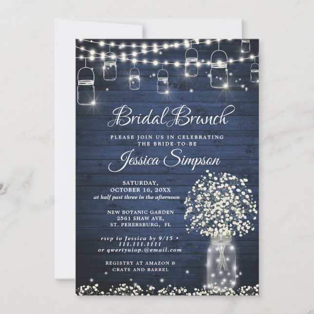 Invitation Bébé's Breath Mason Jar Blue Rustic Bridal Brunch (Devant)