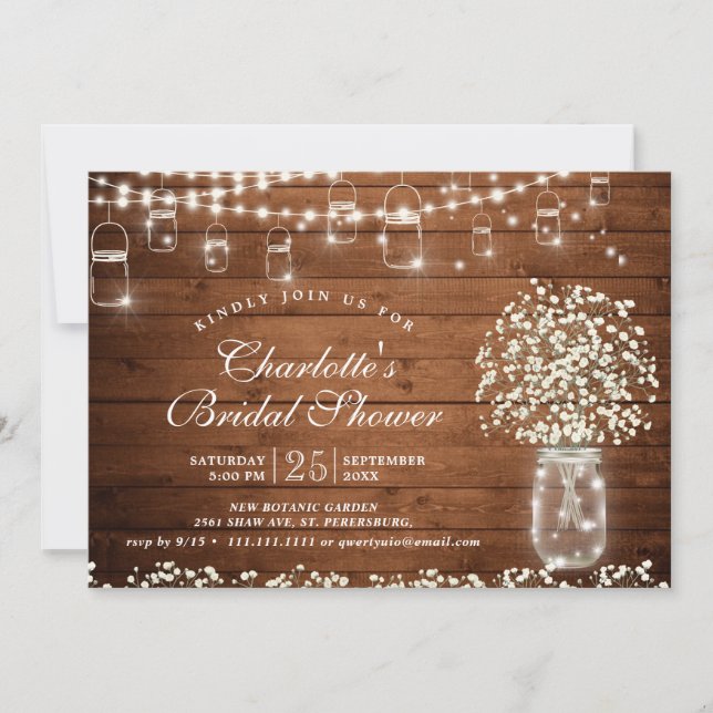 Invitation Bébé's Breath Mason Jar Fête des mariées rustique (Devant)