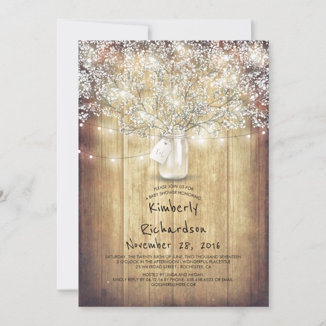 Invitation Bébé's Breath Mason Jar Rustic Barn Baby shower (Devant)