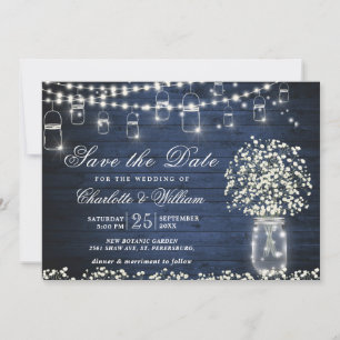 Invitation Bébé's Breath Mason Jar Rustic Blue Wood Mariage