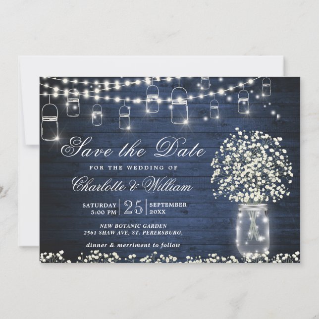 Invitation Bébé's Breath Mason Jar Rustic Blue Wood Mariage (Devant)