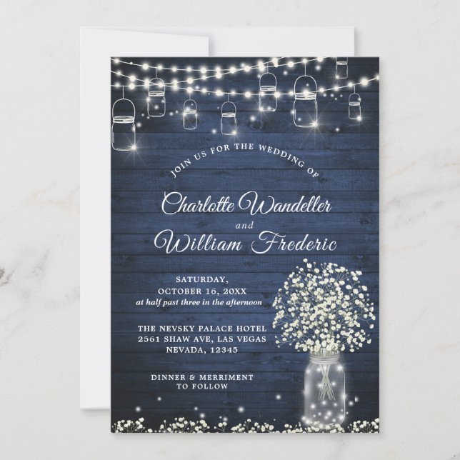 Invitation Bébé's Breath Mason Jar Rustic Blue Wood Mariage (Devant)