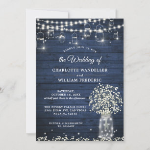 Invitation Bébé's Breath Mason Jar Rustic Blue Wood Mariage