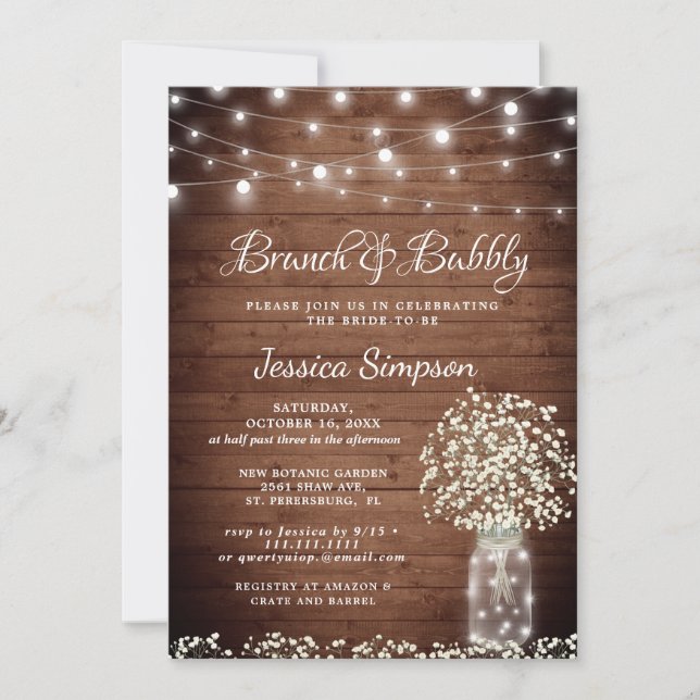 Invitation Bébé's Breath Mason Jar Rustic Brunch & Bubbly (Devant)