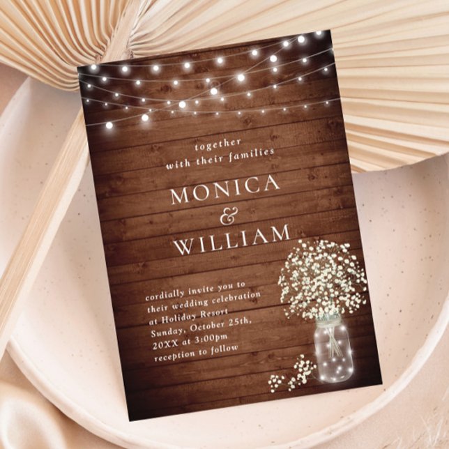 Invitation Bébé's Breath Mason Jar Rustic Wood Mariage (Créateur téléchargé)