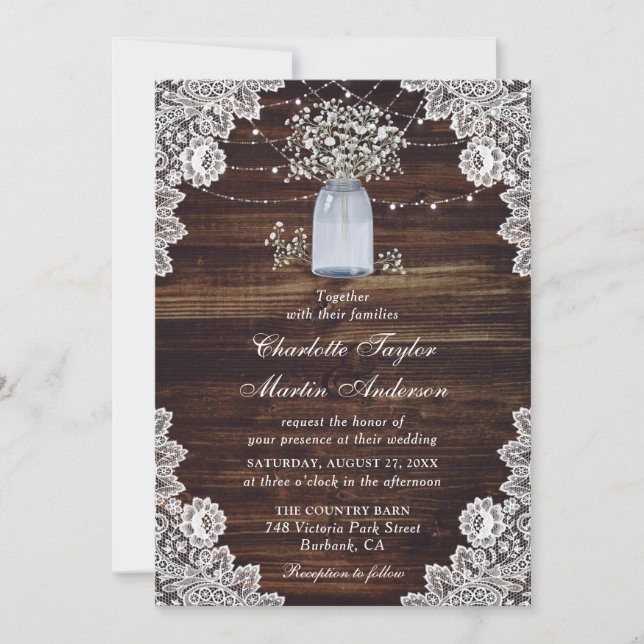 Invitation Bébé's Breath Rustic Wood Lace Mariage (Devant)