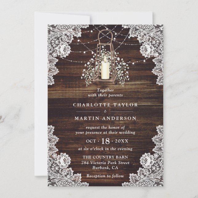 Invitation Bébé's Breath Rustic Wood Lights Lantern Mariage (Devant)