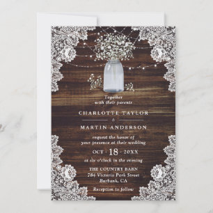 Invitation Bébé's Breath Rustic Wood Mason Jar Mariage