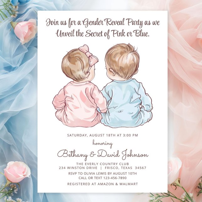 Invitation Bébés de charme en pyjama, fête de la révélation d (Adorable babies wearing pajamas gender reveal invitation. A sweet invitation for the big reveal!)