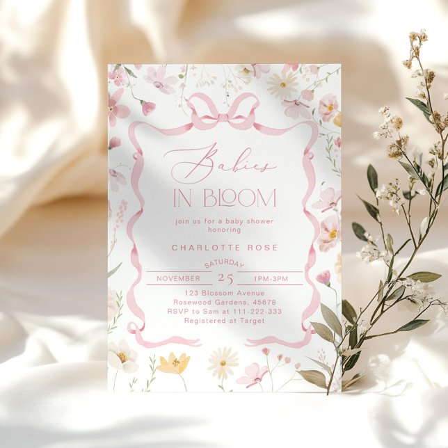 Invitation Bébés en fleur Pink Bow Twin girls baby shower (Créateur téléchargé)